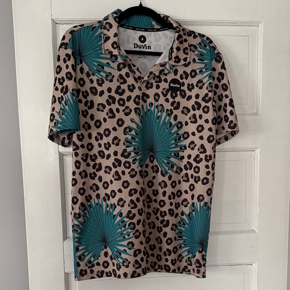 Men’s DUVIN Beige Leopard Print Polo with Teal Palm Motif